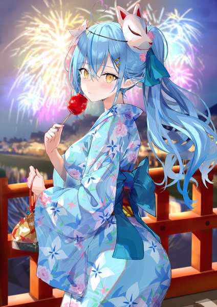 Anime picture 1061x1500 with virtual youtuber hololive yukihana lamy rin yuu single long hair tall image looking at viewer blush fringe breasts hair between eyes standing holding yellow eyes payot blue hair ahoge outdoors ponytail