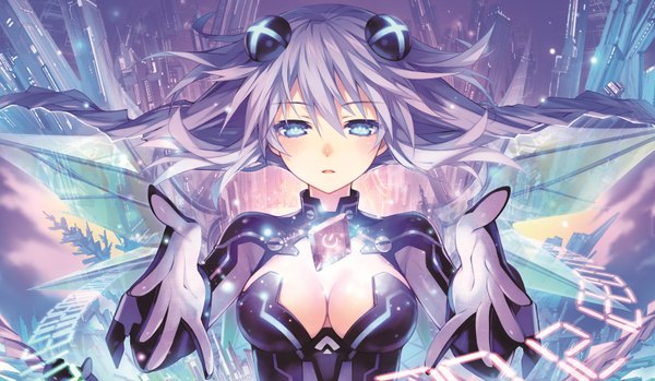 Anime picture 1500x874 with choujigen game neptune hyperdimension neptunia mk2 purple heart tsunako single long hair looking at viewer blush fringe highres breasts open mouth blue eyes wide image game cg cleavage purple hair braid (braids) official art girl