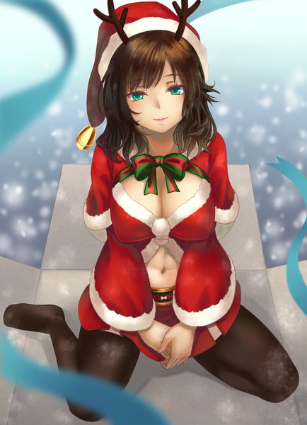 Anime picture 723x1000 with original koko (koko3) single long hair tall image looking at viewer blush fringe breasts light erotic brown hair large breasts cleavage horn (horns) aqua eyes from above fur trim christmas antlers girl