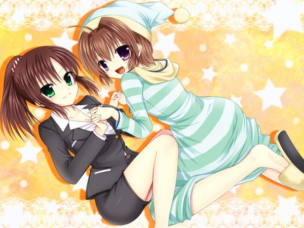 Anime picture 1600x1200 with original asazuki kanai looking at viewer blush short hair open mouth brown hair purple eyes multiple girls green eyes ponytail girl 2 girls shoes suit slippers nightcap