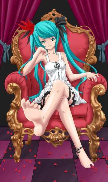 Anime picture 800x1344 with vocaloid hatsune miku huazang single tall image sitting twintails very long hair barefoot aqua eyes aqua hair legs head rest girl dress bow hair bow petals throne