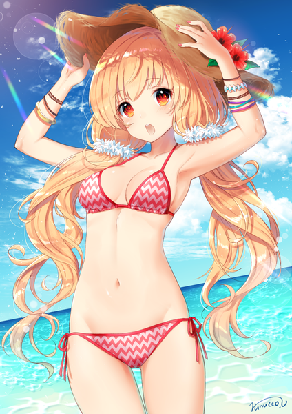 Anime picture 897x1269 with original nunucco single long hair tall image looking at viewer blush fringe breasts open mouth light erotic blonde hair hair between eyes red eyes standing twintails signed sky cleavage cloud (clouds)