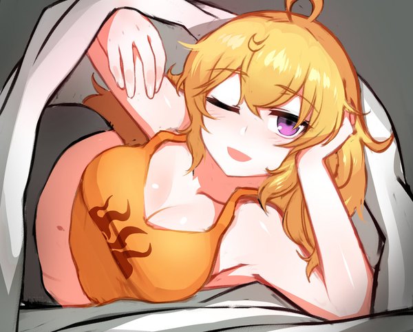 Anime picture 997x801 with rwby rooster teeth yang xiao long ndgd (bean1215) single long hair looking at viewer blush fringe breasts open mouth light erotic simple background blonde hair smile hair between eyes large breasts purple eyes bare shoulders payot