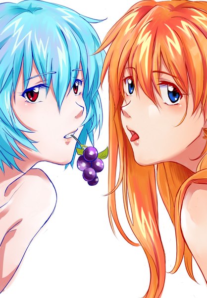 Anime picture 2600x3728 with neon genesis evangelion gainax soryu asuka langley ayanami rei fcc long hair tall image looking at viewer blush highres short hair open mouth blue eyes light erotic simple background hair between eyes red eyes white background bare shoulders multiple girls