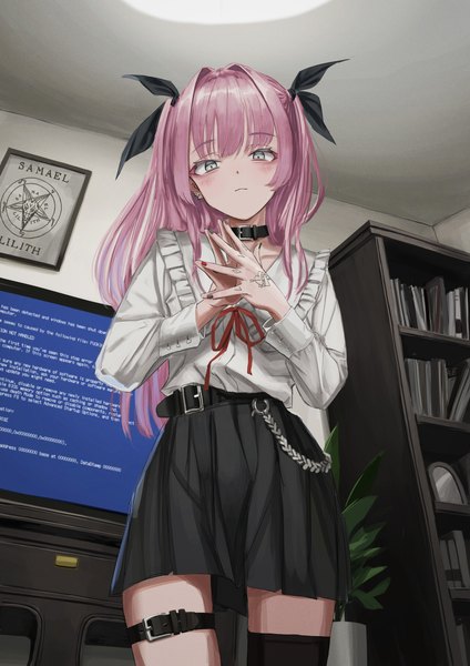 Anime picture 3026x4280 with original nadegata single long hair tall image looking at viewer fringe highres pink hair absurdres indoors long sleeves nail polish fingernails arms up tattoo two side up text looking down english