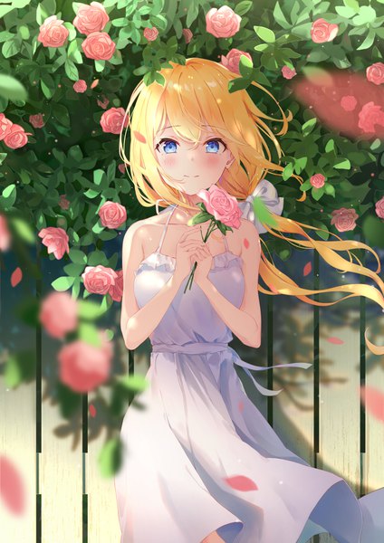 Anime picture 1654x2339 with original bai-hyacinth single long hair tall image looking at viewer blush fringe blue eyes blonde hair smile hair between eyes standing twintails holding outdoors wind depth of field sleeveless low twintails