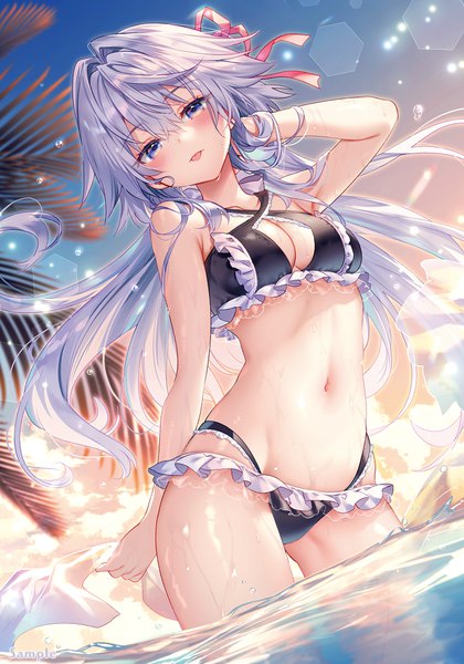 Anime picture 684x976 with shinomiya kouta wa mada shinenai: border of the dead arisaka elle riichu single long hair tall image looking at viewer blush fringe breasts light erotic hair between eyes large breasts standing purple eyes holding payot sky cleavage silver hair