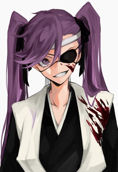 Anime picture 1404x2048 with bleach bleach: sennen kessen-hen studio pierrot saitou furoufushi ui 1231 single long hair tall image looking at viewer fringe simple background smile hair between eyes white background purple eyes twintails purple hair upper body grin blood on face