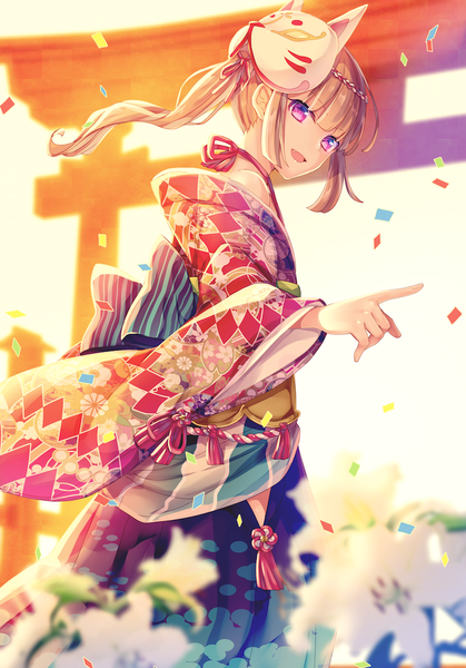 Anime picture 800x1144 with original goma (11zihisin) single long hair tall image fringe open mouth brown hair purple eyes payot traditional clothes japanese clothes side ponytail otoko no ko pointing mask on head boy flower (flowers) mask torii