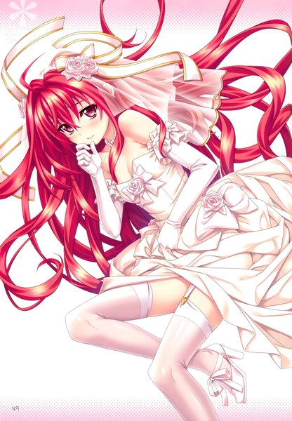 Anime picture 4835x6968 with shinkyoku soukai polyphonica corticarte apa lagranges kannatsuki noboru single long hair tall image blush highres light erotic red eyes absurdres red hair scan official art embarrassed girl thighhighs dress gloves white thighhighs