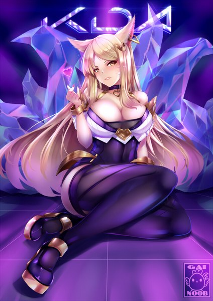 Anime picture 700x990 with league of legends k/da (league of legends) ahri (league of legends) k/da ahri gainoob single long hair tall image looking at viewer blush fringe breasts light erotic simple background blonde hair large breasts sitting bare shoulders signed animal ears