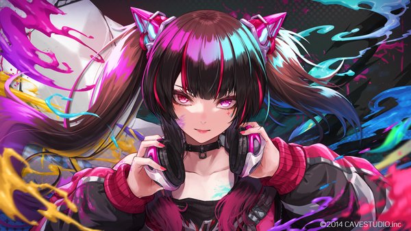 Anime picture 1800x1013 with original re (re 09) single long hair looking at viewer fringe highres black hair red eyes wide image twintails upper body blunt bangs nail polish pink eyes multicolored hair streaked hair heterochromia pink nail polish headphones around neck