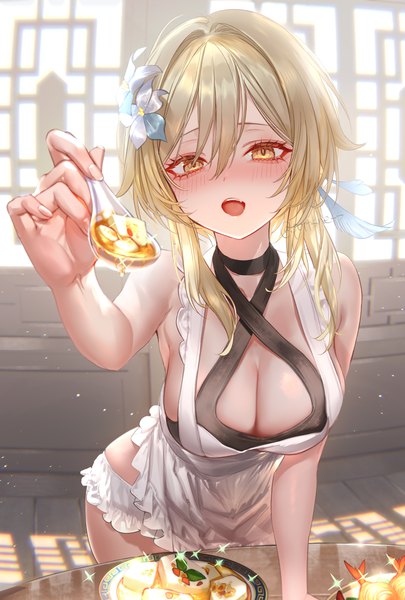 Anime picture 5400x8000 with genshin impact lumine (genshin impact) pottsness single long hair tall image looking at viewer blush fringe highres breasts open mouth light erotic blonde hair hair between eyes large breasts standing bare shoulders holding signed