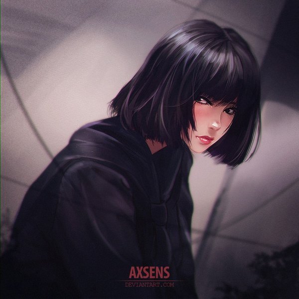 Anime picture 800x800 with original axsen single short hair black hair signed looking away head tilt lips realistic watermark girl