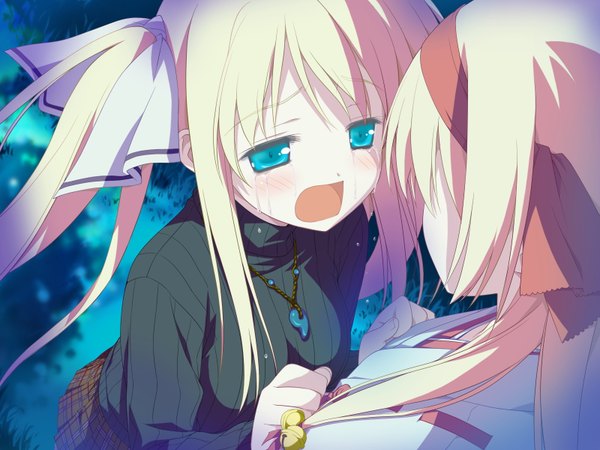 Anime picture 1600x1200 with hoshizora no memoria hisakaki kosame hisakaki komomo shida kazuhiro long hair blush open mouth blue eyes blonde hair twintails multiple girls game cg traditional clothes japanese clothes tears miko girl bow 2 girls hair bow