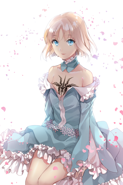 Anime picture 1000x1500 with fate (series) fate/prototype sajou manaka ice (ice aptx) single tall image looking at viewer fringe short hair blue eyes simple background blonde hair white background sitting bare shoulders light smile tattoo flat chest girl dress