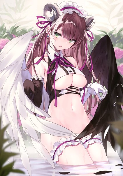 Anime picture 2407x3421 with original nanananana single long hair tall image looking at viewer blush fringe highres breasts open mouth light erotic hair between eyes brown hair large breasts bare shoulders green eyes horn (horns) pointy ears scan