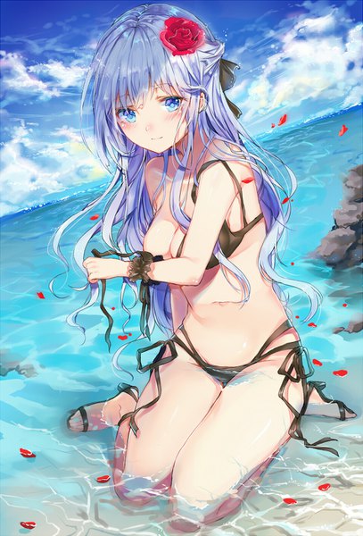 Anime picture 952x1404 with original takitou single long hair tall image looking at viewer blush fringe breasts blue eyes light erotic bare shoulders cleavage silver hair cloud (clouds) full body outdoors hair flower bare legs bare belly