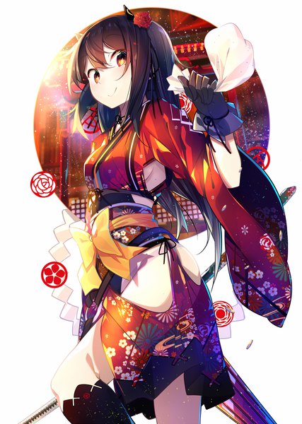 Anime picture 926x1300 with original benio (dontsugel) single tall image looking at viewer short hair breasts light erotic black hair smile brown eyes bent knee (knees) traditional clothes japanese clothes hair flower wide sleeves floral print >:) girl gloves