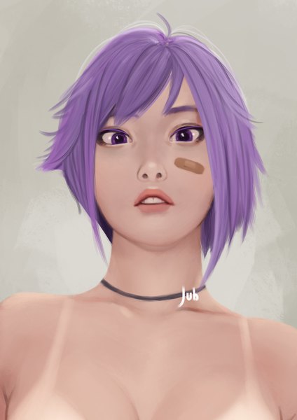 Anime picture 1920x2716 with original fore farlone (jubi) jubi (regiana) single tall image looking at viewer highres short hair breasts light erotic purple eyes signed purple hair parted lips realistic grey background teeth from below portrait tan