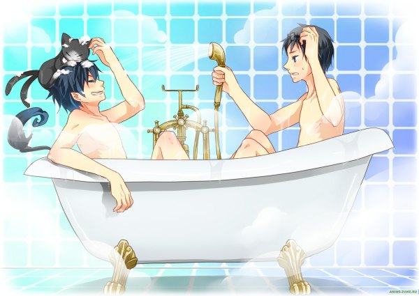Anime picture 1200x850 with ao no exorcist a-1 pictures okumura rin okumura yukio kuro (ao no exorcist) light erotic black hair blue hair eyes closed mole animal on head bathing boy animal glasses cat bath shower suds