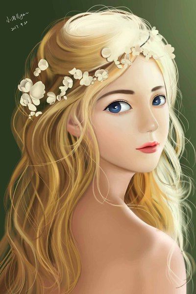 Anime picture 1500x2250 with tagme (artist) single long hair tall image looking at viewer blue eyes blonde hair signed looking back hair flower dated portrait wavy hair green background 2017 girl flower (flowers)