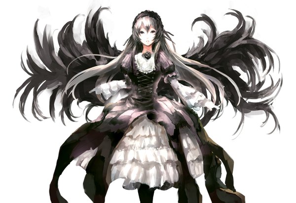 Anime picture 1469x1007 with rozen maiden suigintou iori (yakata-bako) single long hair looking at viewer simple background white background silver hair black eyes teeth maid black wings girl dress wings headdress black dress maid headdress
