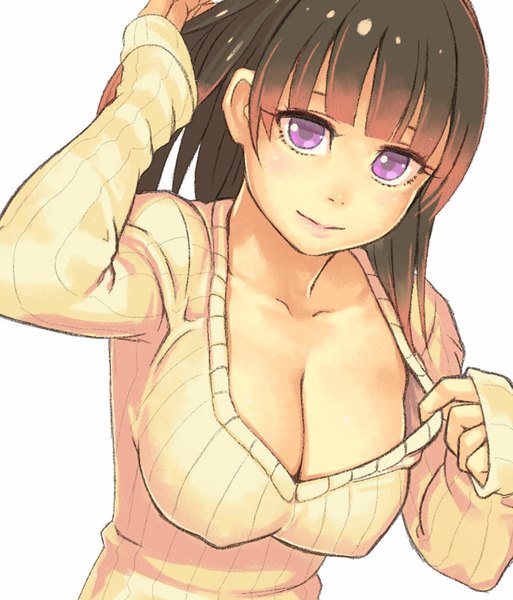 Anime picture 727x850 with yuuji (and) single long hair tall image looking at viewer breasts light erotic simple background smile brown hair large breasts white background purple eyes cleavage adjusting hair girl sweater