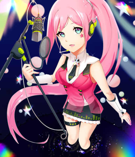 Anime picture 3000x3500 with vocaloid uni (vocaloid) hahang single tall image looking at viewer highres open mouth blue eyes standing holding signed payot pink hair bent knee (knees) ponytail very long hair nail polish fingernails light smile