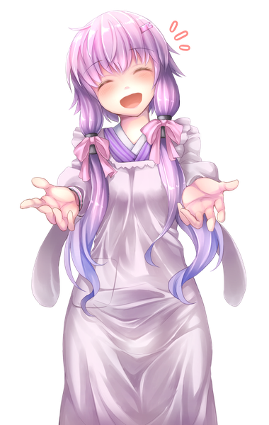 Anime picture 1390x2190 with vocaloid yuzuki yukari t.m (aqua6233) single long hair tall image blush fringe open mouth standing twintails purple hair ahoge eyes closed long sleeves traditional clothes head tilt japanese clothes low twintails happy