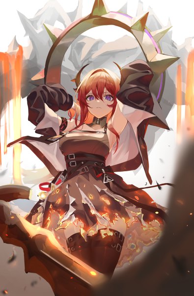 Anime picture 4000x6070 with arknights surtr (arknights) ryu (yanagi) single long hair tall image looking at viewer fringe highres breasts hair between eyes standing purple eyes absurdres cleavage red hair horn (horns) blurry off shoulder arms up