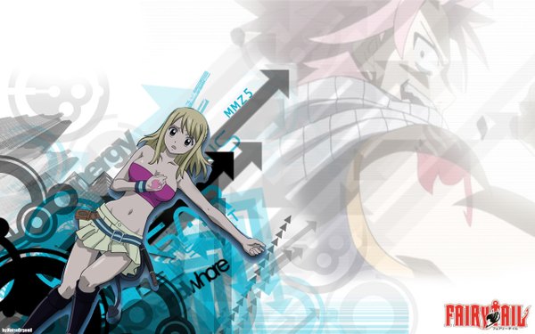 Anime picture 1280x800 with fairy tail lucy heartfilia natsu dragneel natsudrgonil open mouth light erotic simple background blonde hair wide image pink hair inscription midriff grey eyes tattoo coloring girl boy navel miniskirt scarf