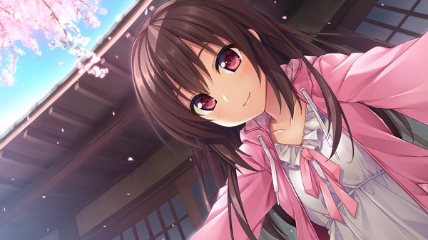 Anime picture 2194x1234 with inochi no spare shukugawa meguri akizora momiji single long hair highres black hair red eyes wide image game cg cherry blossoms girl dress petals