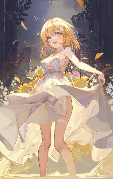 Anime picture 1394x2200 with virtual youtuber hololive hololive english watson amelia akizero1510 single tall image short hair breasts open mouth blue eyes light erotic blonde hair large breasts standing :d bare legs from below girl dress