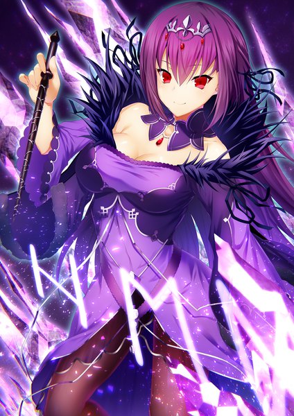 Anime picture 1414x2000 with fate (series) fate/grand order scathach (fate) (all) scathach skadi (fate) emanon123 single long hair tall image looking at viewer blush fringe breasts smile hair between eyes red eyes standing bare shoulders holding payot cleavage