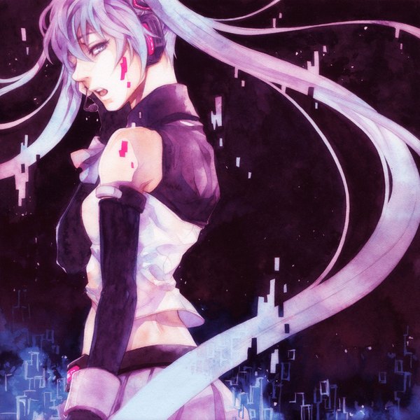 Anime picture 2000x2000 with vocaloid hatsune miku de single long hair looking at viewer highres open mouth twintails looking back grey hair teeth grey eyes dark background traditional media singing watercolor (medium) girl detached sleeves headphones