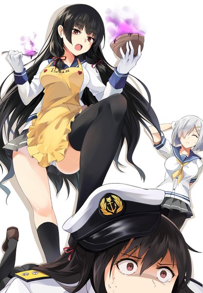 Anime picture 1000x1440 with kantai collection hamakaze destroyer isokaze destroyer female admiral (kantai collection) neko (yanshoujie) long hair tall image fringe short hair breasts light erotic black hair red eyes large breasts standing multiple girls brown eyes silver hair eyes closed pleated skirt