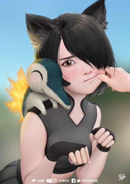 Anime picture 1240x1754 with pokemon original nintendo cyndaquil jubi (regiana) single tall image looking at viewer fringe short hair black hair brown eyes signed animal ears blurry cat ears hair over one eye leaning leaning forward sleeveless