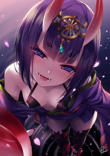 Аниме картинка 750x1065 с fate (series) fate/grand order shuten douji (fate) fukai ryosuke один (одна) высокое изображение румянец чёлка короткие волосы грудь лёгкая эротика улыбка стоя фиолетовые глаза подписанный декольте фиолетовые волосы традиционная одежда наклон головы японская одежда