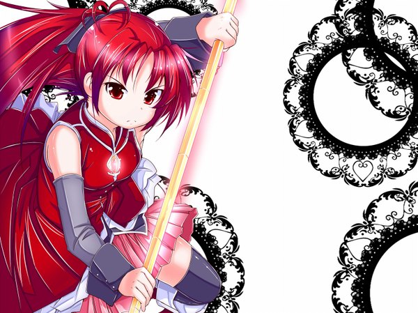 Anime picture 1555x1166 with mahou shoujo madoka magica shaft (studio) sakura kyouko mad (hazukiken) long hair red eyes ponytail red hair girl thighhighs black thighhighs detached sleeves brooch