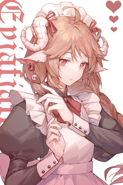 Anime picture 1929x2894 with arknights eyjafjalla (arknights) kotatsu kaya single long hair tall image highres red eyes brown hair white background animal ears upper body ahoge braid (braids) horn (horns) maid puffy sleeves character names twin braids girl