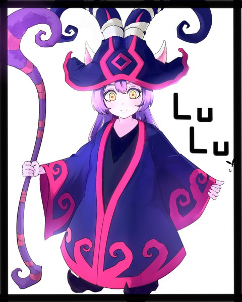 Anime picture 1200x1500 with league of legends lulu (league of legends) single long hair tall image looking at viewer red eyes white background purple hair girl hat shoes staff