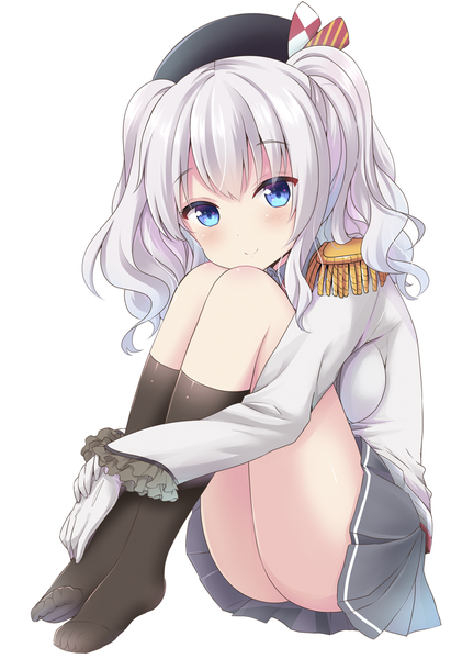 Anime picture 743x1083 with kantai collection kashima training cruiser yoshikita popuri single long hair tall image looking at viewer blush fringe blue eyes light erotic simple background smile white background sitting twintails silver hair full body no shoes embryo's pose