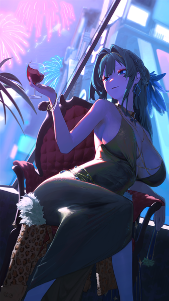 Anime picture 2160x3840 with goddess of victory: nikke helm (nikke) waterswing single long hair tall image fringe highres breasts blue eyes light erotic large breasts sitting holding payot blue hair looking away indoors braid (braids) arm up