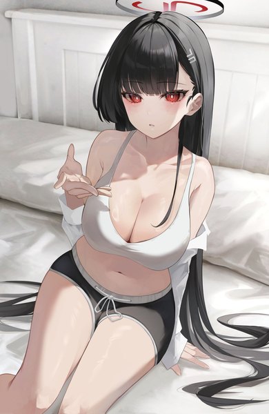 Anime picture 3899x6000 with blue archive rio (blue archive) jaduade single tall image looking at viewer blush fringe highres breasts light erotic black hair red eyes large breasts sitting bare shoulders absurdres cleavage indoors blunt bangs