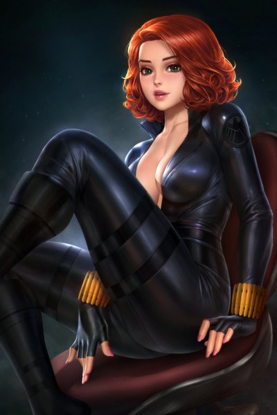 Anime picture 2400x3597 with marvel comics avengers black widow nudtawut thongmai single tall image looking at viewer blush highres short hair breasts open mouth light erotic simple background large breasts sitting green eyes cleavage bent knee (knees) red hair