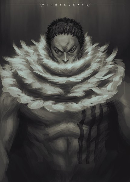 Anime picture 1434x2000 with one piece toei animation charlotte katakuri vinrylgrave single tall image looking at viewer short hair black hair standing signed upper body black eyes inscription tattoo fur trim monochrome scar topless muscle