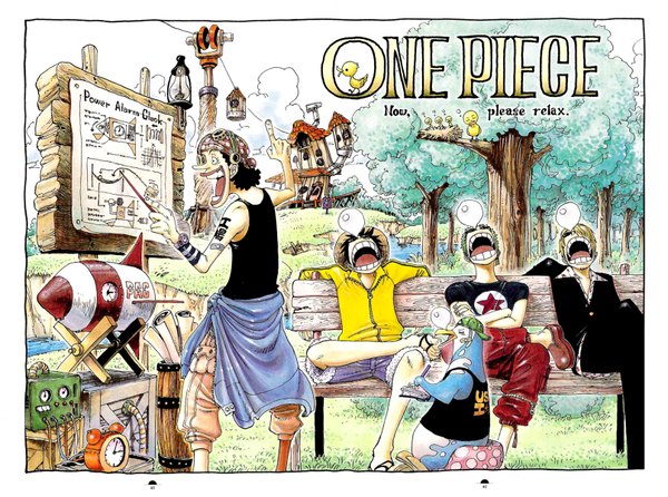 Anime picture 1614x1200 with one piece toei animation monkey d. luffy roronoa zoro sanji usopp oda eiichirou short hair open mouth black hair blonde hair smile standing sitting bare shoulders holding looking away cloud (clouds) outdoors eyes closed