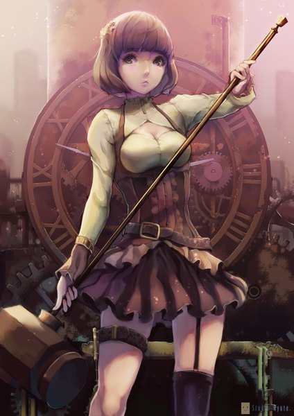 Anime picture 1240x1754 with original chaang single tall image short hair breasts brown hair standing holding brown eyes signed looking away pleated skirt lipstick shaded face cleavage cutout pink lipstick steam punk girl thighhighs