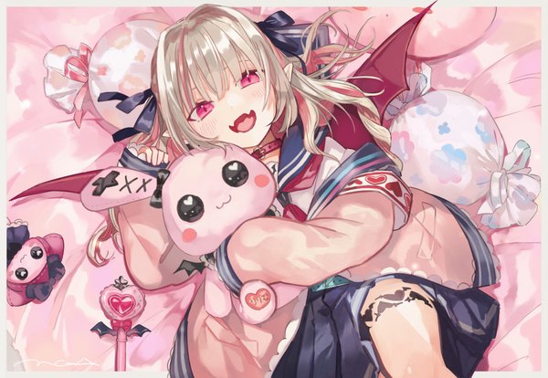 Anime picture 1280x883 with virtual youtuber nijisanji makaino ririmu makaino ririmu (4th costume) mogayama single long hair looking at viewer open mouth blonde hair twintails lying :d pink eyes pointy ears on back fang (fangs) drill hair demon wings heart print